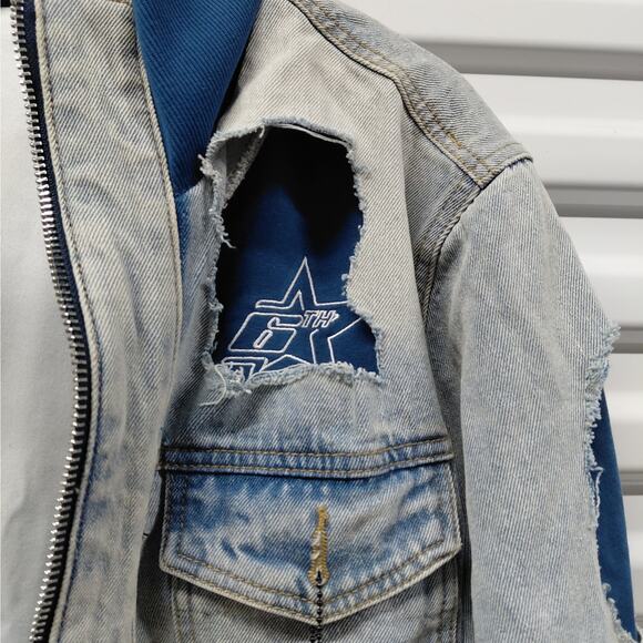 6th NBRHD Stripes Men’s Light Wash Distressed Denim Jacket XL Streetwear Y2K - Picture 10 of 13